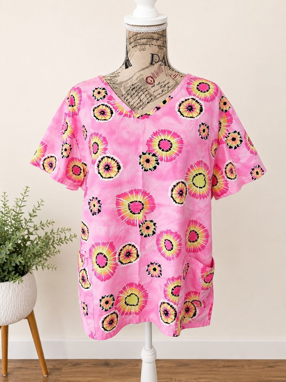 SB Scrubs XL Pink Tie Dye Floral Scrub Top | Colorful Nurse CNA Medical Uniform